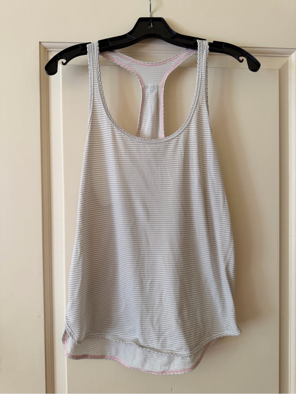 lululemon athletica White and Light Gray Striped Racerback Tank with Pink Trim